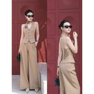 sét 2 chi tiết áo cổ yếm hở lưng mix quần xuông sang trọng