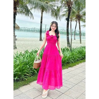 Đầm nữ thời trang thiết kế chất tằm gẫy có lót dịu dàng nữ tính , đầm dài xòe dây áo nơ xinh đính hoa