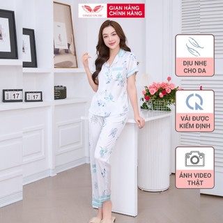 Đồ bộ mặc nhà Pijama lụa cao cấp mùa Hè VINGO tay ngắn quần dài hoa xanh H1139 VNGO