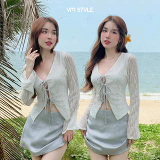Set chân váy ngắn và Áo kiểu cardigan ren tay dài VMSTYLE có lớp lót đi chơi, đi biển VM209 SBU00119