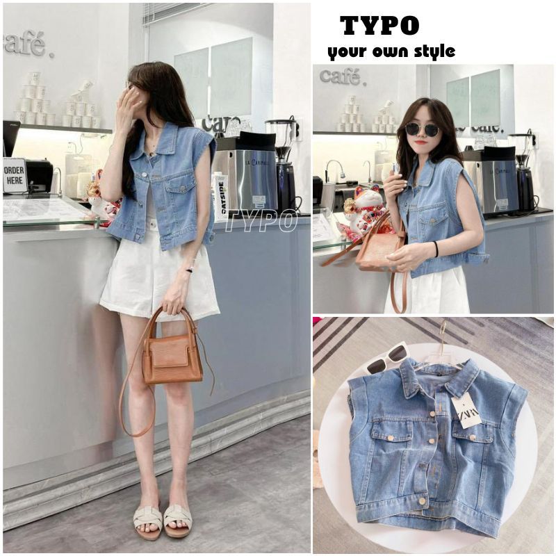 Áo Ghile bò túi ngực cổ bẻ dáng ngắn, Gile bò nữ, áo bò nữ sang chảnh, Áo Ghile bò cá tính - TYPO