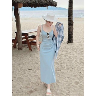 *Đầm đi biển thời trang nữ hai dây tiểu thư chất đầm tăm gân kèm khoác kate dáng váy ôm body dài maxi tôn dáng