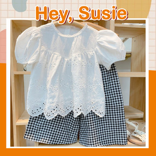 Hey Susie S6201 - Set Bộ Đồ Áo Trắng Tay Bồng Quần Kẻ Phong Cách Hàn Quốc Cho Bé Gái Từ 9-22kg