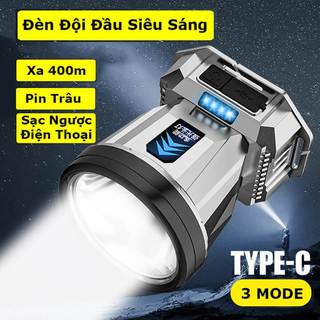 Đèn pin đội đầu siêu sáng chiếu xa 400m, pin trâu, đèn đội đầu 1 bóng ánh sáng trắng, sáng vàng, sạc ngược điện thoại