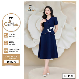 Đầm công sở CITI MODE FASHION thiết kế dáng xoè xanh cổ tạo kiểu tay cộc DH4772