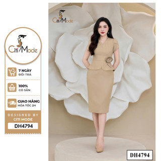 Đầm công sở CITI MODE FASHION thiết kế dáng ôm be cổ V đính hoa eo DH4794