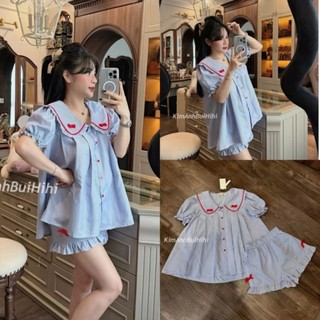 Sét bộ babydoll cổ bèo nơ phối viền .