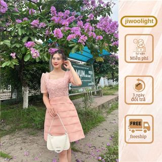 Đầm váy nữ, váy thiết kế tay phồng cổ vuông đính ngọc xếp ly sang trọng