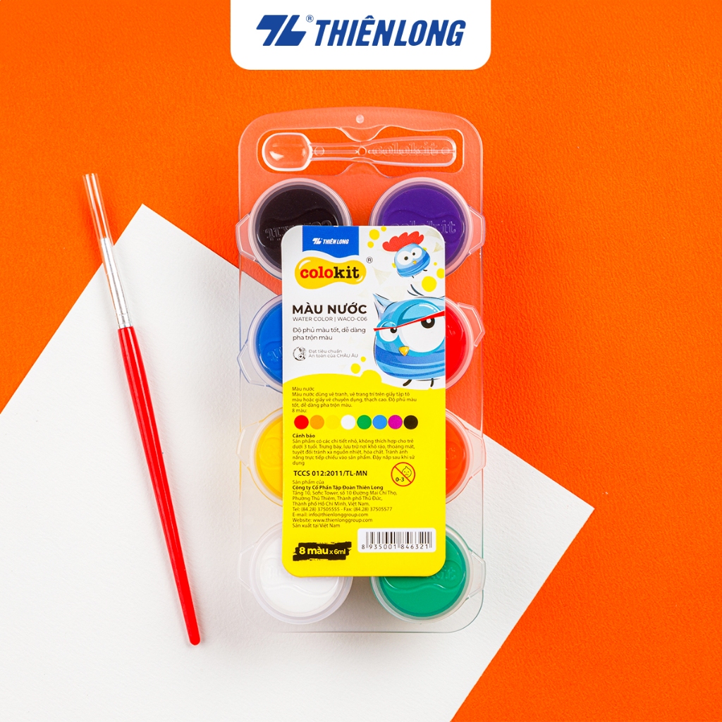 Màu nước Thiên Long Colokit WACO-C06, 6ml/1 lọ, set 8 lọ kèm muỗng lấy màu và cọ, độ che phủ màu tốt