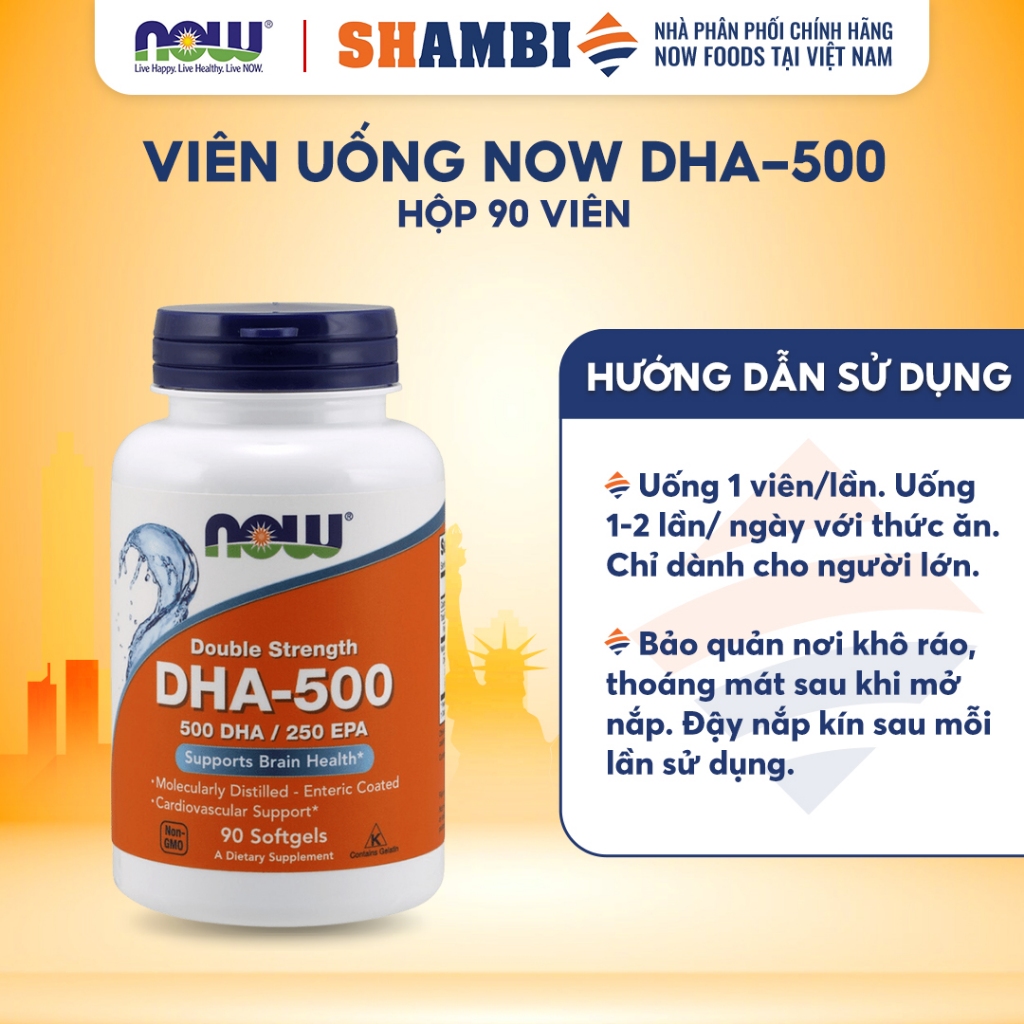 Viên Uống Double Strength NOW FOODS DHA 500 Giúp Bổ Não, Tăng Cường Trí Nhớ & Phát Triển Trí Não