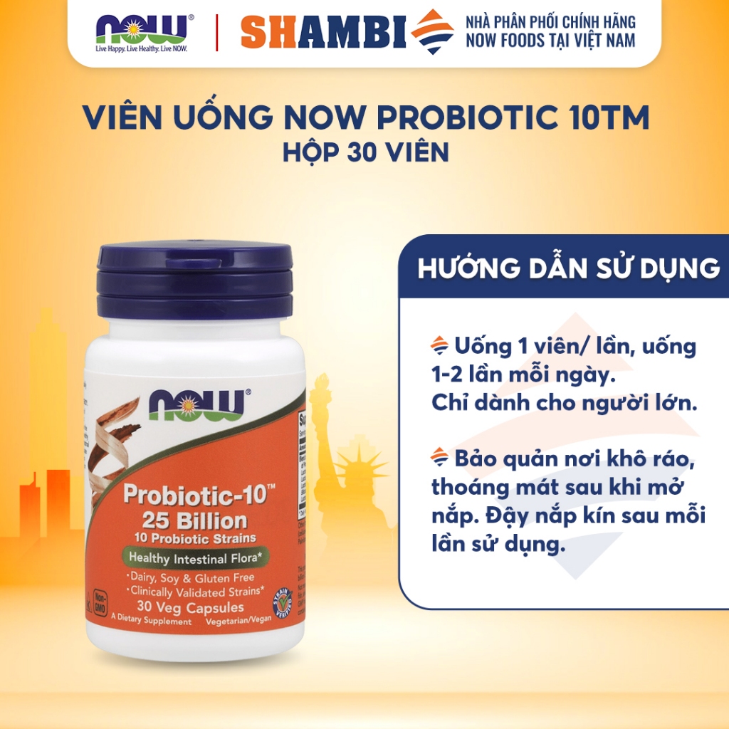 Viên Uống Probiotic 10TM 25 Billion NOW FOODS Cân Bằng hệ Vi Khuẩn Đường Ruột Giảm Rối Loạn Tiêu Hóa