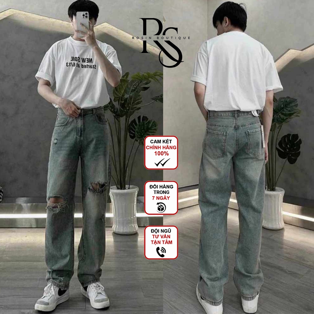 Quần Jean Nam Baggy Rách Ống Suông Wash Màu RETRO Avocado, Quần Bò Nam Ống Rộng Cạp Cao Wash Hot Trend