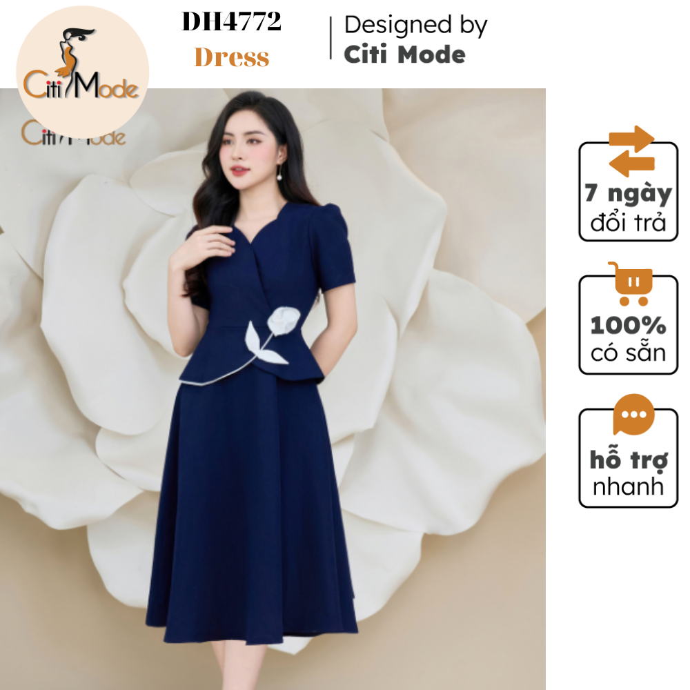Đầm công sở CITI MODE FASHION thiết kế dáng xoè xanh cổ tạo kiểu tay cộc DH4772