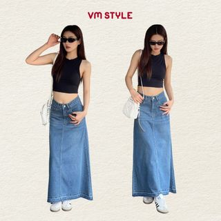 Chân váy jean denim nữ VMSTYLE dài cạp cao form chữ A lai lua tua basic đi học, đi chơi 324-CVJ00054