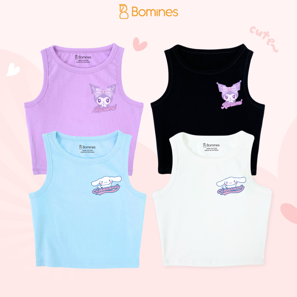 Áo croptop Sanrio Kuromi dễ thương, Áo bé gái hở bụng ba lỗ thun zip cotton cho bé gái từ 2-12t, 10-36kg AOBALOSANRIO