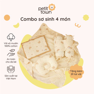 Combo set gối sơ sinh 4 món Petit Town xô muslin cho bé sơ sinh