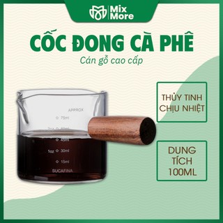 Cốc đong cà phê thủy tinh 75ML cao cấp có chia vạch, tay cầm bằng gỗ Mixmore