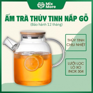 Ấm trà thủy tinh, ấm pha trà, bình trà nắp gỗ chịu nhiệt, lưới lọc lò xo inox 304 thiết kế tối giản, hiện đại Mixmore