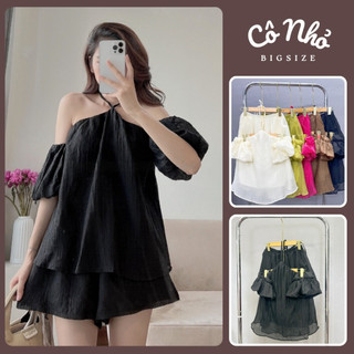Set Đồ Nữ Bigsize Sanh Chảnh Áo Babydoll Cổ Yếm Hai Lớp Tay Rời Kèm Quần Đùi Vải Đũi Tơ Lót Thun SET818