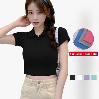 Áo Croptop Ngắn Tay Mùa Hè Nữ Madela Vải Thun Cotton Co Giãn Thoáng Mát, Áo Thun Croptop Polo Nữ Ngắn Tay