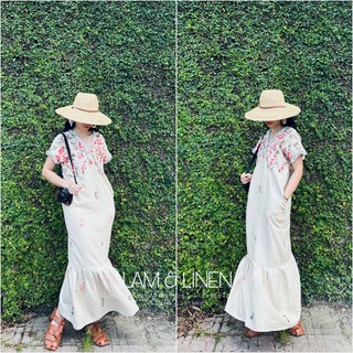 Đầm váy nữ Thêu hoa nổi maxi dáng suông đuôi cá chất liệu Linen