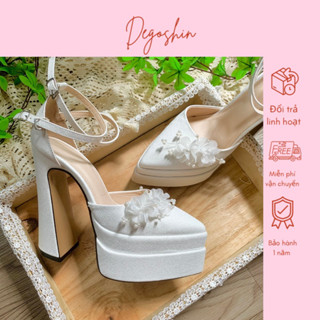 Giày cưới, giày cao gót 15p đính Hoa Tú Cầu sang trọng, chất liệu nhủ kim tuyến mềm êm chân thiết kế bởi Degoshin.