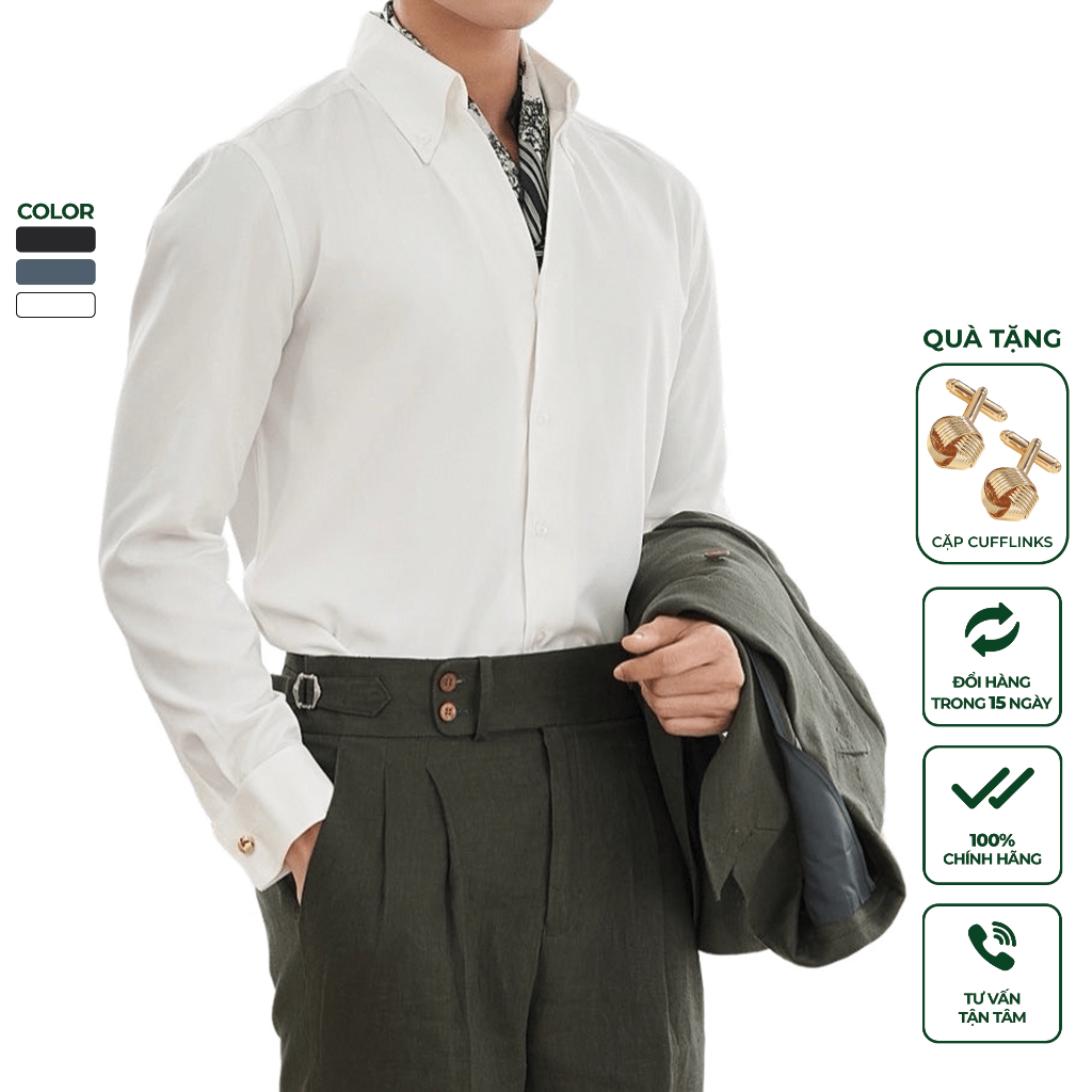 Áo Sơ Mi Nam Trắng Dài Tay Cao Cấp Harold Cổ Button Down + Cufflinks Đi Chơi Cotton, Chống Nhăn, Slimfit Tôn Dáng