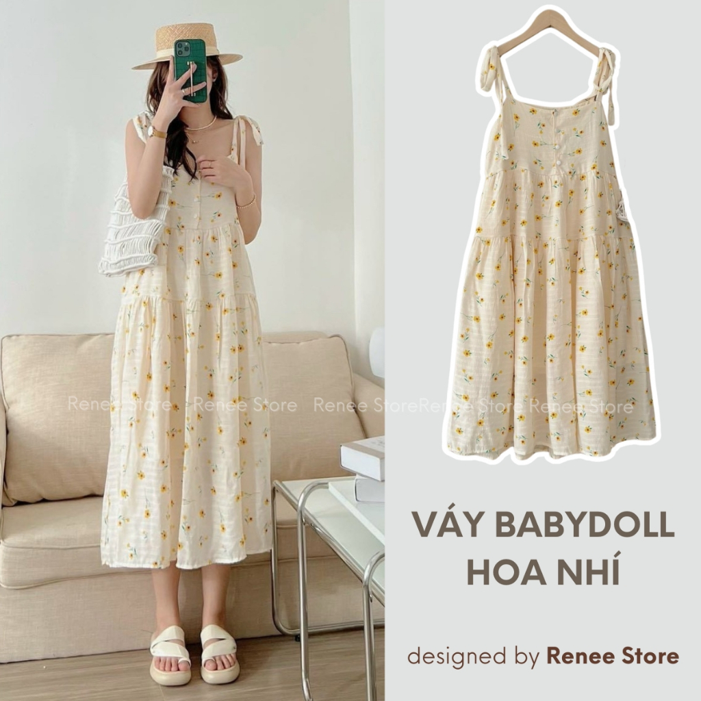 [ẢNH THẬT] Váy hai dây hoa nhí, đầm babydoll buộc nơ vai chất đũi mềm hai lớp thời trang đi biển - V311 | BigBuy360 - bigbuy360.vn