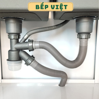 Bộ xi phông, ống xả thoát nước chậu rửa bát 2 hố, 1 hố nhựa xám cao cấp 110mm xả nước bồn rửa QM.PK177