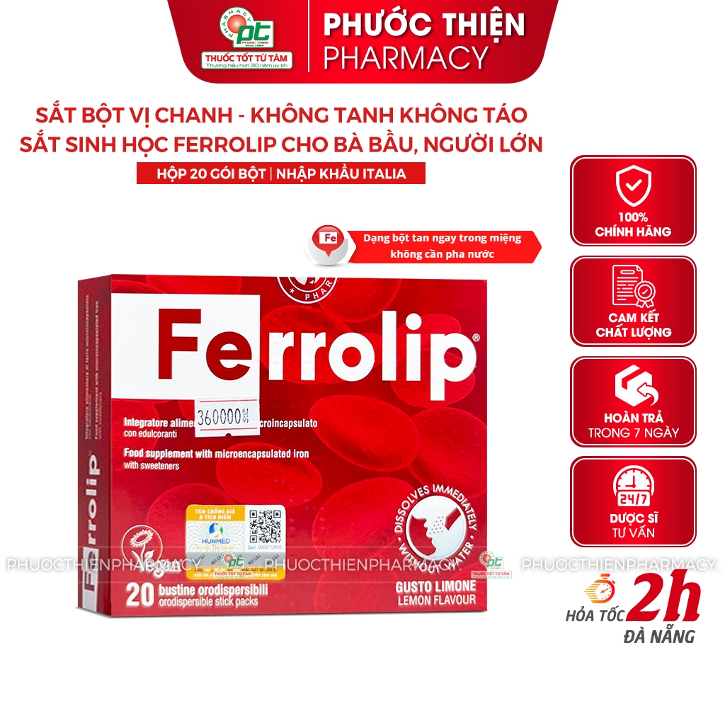 Sắt hữu cơ Ferrolip Sắt cho bà bầu bổ máu bổ sung sắt sinh học hộp 20 gói bột ferolip