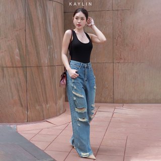 Quần Jean KAYLIN form suông rách gối chất vải denim dầy dặn phong cách đường phố cá tính - N2226