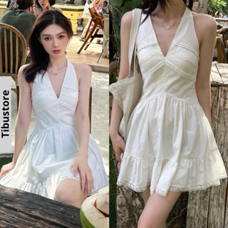 Đầm Body Cổ Yếm Đuôi Xoè Xếp Viền Ren TIBU Đầm Nữ Hở Lưng Dáng Ngắn Chiết Eo Tôn Dáng Đi Chơi Biển Dự Tiệc Sang chảnh