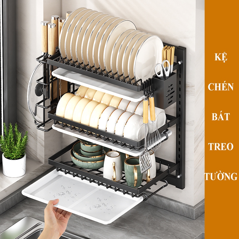 Kệ chén treo tường HABO Kệ úp chén bát bằng thép không cần khoan tường đi kèm ống đũa giá đựng dao thớt và móc treo