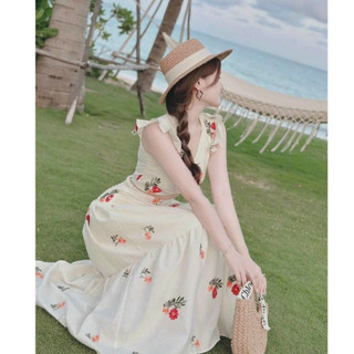 Set váy maxi đi biển thời trang nữ chất lụa hoa có mút kèm lót cổ vuông dài maxi sang chảnh