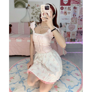  áo coquette hồng chấm bi viền ren phối nơ chất liệu cotton thông hơi thoáng mát 