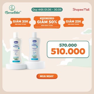 (Tặng túi đựng) Combo Sữa tắm gội chiết xuất Hoa cúc 0M+ Chicco 200ml + Sữa dưỡng ẩm chiết xuất Hạnh nhân Chicco 200ml