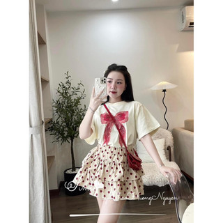 Set áo be nơ hồng mix cv chấm bi