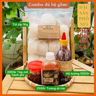 Combo PHỞ KHÔ GIA LAI 4 món cơ bản gồm Túi Phở, Chai Tương, Ớt Rim, Tóp mỡ Hành phi 1Kg/ 500Gr