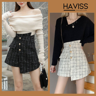 Quần váy dạ hàn Haviss cạp lưng cao phối túi giá vạt lệch đính cúc ngọc kiểu dáng trẻ trung năng động thời trang Hàn