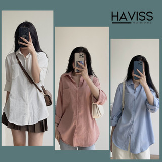 Áo sơ mi Ulzzang nữ dài tay Haviss form rộng bigsize kiểu hàn basic cổ sơ mi vải đũi xước nhiều màu thời trang công sở