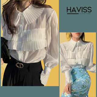 Sơ mi dài tay nữ Haviss cổ bèo xếp ly nhiều tầng dáng rộng tay bo nhúm xòe kiểu đi học đi làm thời trang công sở nữ