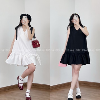 Đầm babydoll sát nách cổ V nơ vai 504 BOÚ Clothing