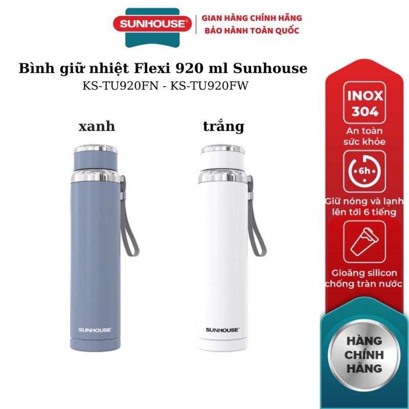 Bình giữ nhiệt Flexi Sunhouse 920 ml Sunhouse KS-TU920 -Inox 304 - Giữ nóng & lạnh tới 6h - Quai xách mềm tiện lợi