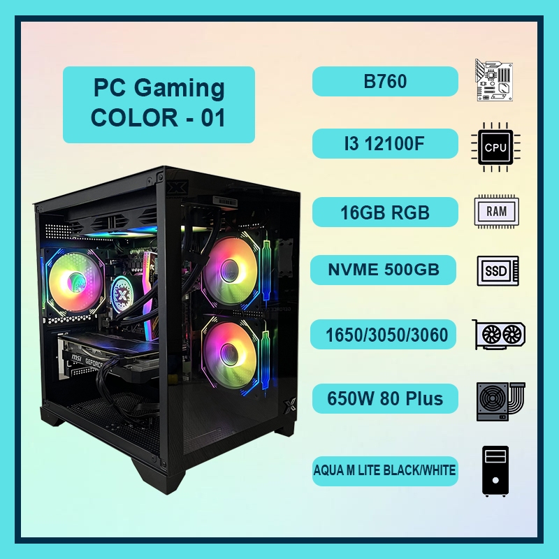 Máy Tính PC COLOR 01 | i3 12100f | Ram 16GB RGB | VGA GTX 1650/ RTX 3050/ RTX 3060 Mới BH 36T
