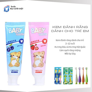 [TẶNG BÀN CHẢI BABY]Kem Đánh Răng Cho Bé BABY TOOTH Kem Đánh Răng Dành Cho Trẻ Em Hương Dâu Và Việt Quất 50G