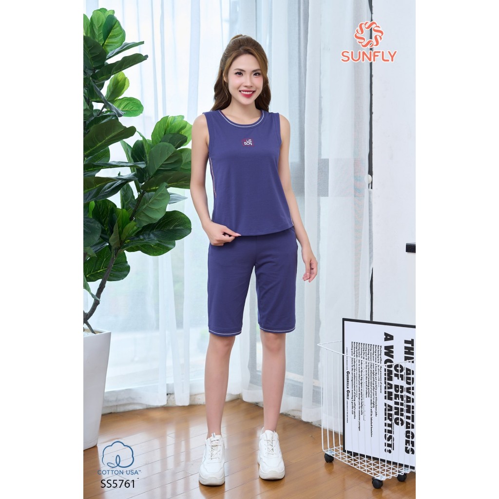 SUNFLY BỘ THỂ THAO NỮ COTTON USA ÁO SÁT NÁCH QUẦN NGỐ SS5761