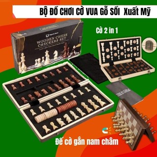 -cờ vua gỗ sồi gắn đế nam châm, cờ vua xuất mỹ 2 trong 1, cờ đam checkers 24 quân, giúp bé phát triển tư duy sán