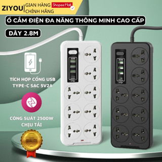 Ổ Cắm Điện Đa Năng Cao Cấp A8 Sạc Nhanh Cổng USB TypeC Chịu Tải 2500w An Toàn Chịu Nhiệt Dây 2,8M