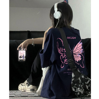 Focus Local brand Fashion áo thun Xanh đậm form rộng in Mùa hè 2024 áo phông nữ Linh hoạt cổ tròn nữ 100%cotton