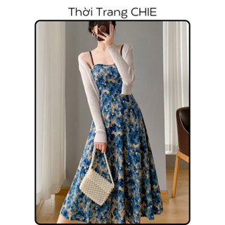 Đầm nữ Lotie thiết kế CHIE Vải mango hai lớp, Váy hai dây, váy dáng xoè, hai màu: đỏ và xanh